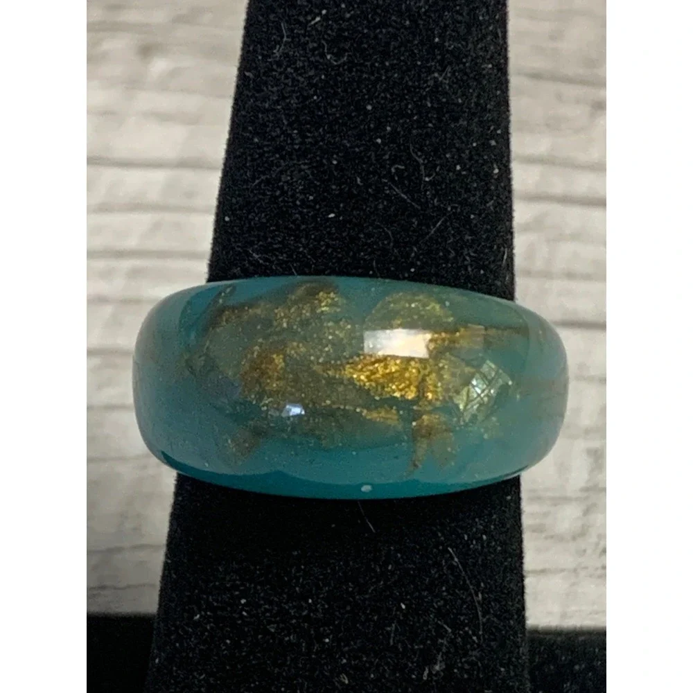 Teal Resin Dome Ring with Gold Flakes Chunky Statement Band Size 8.25 Turquoise